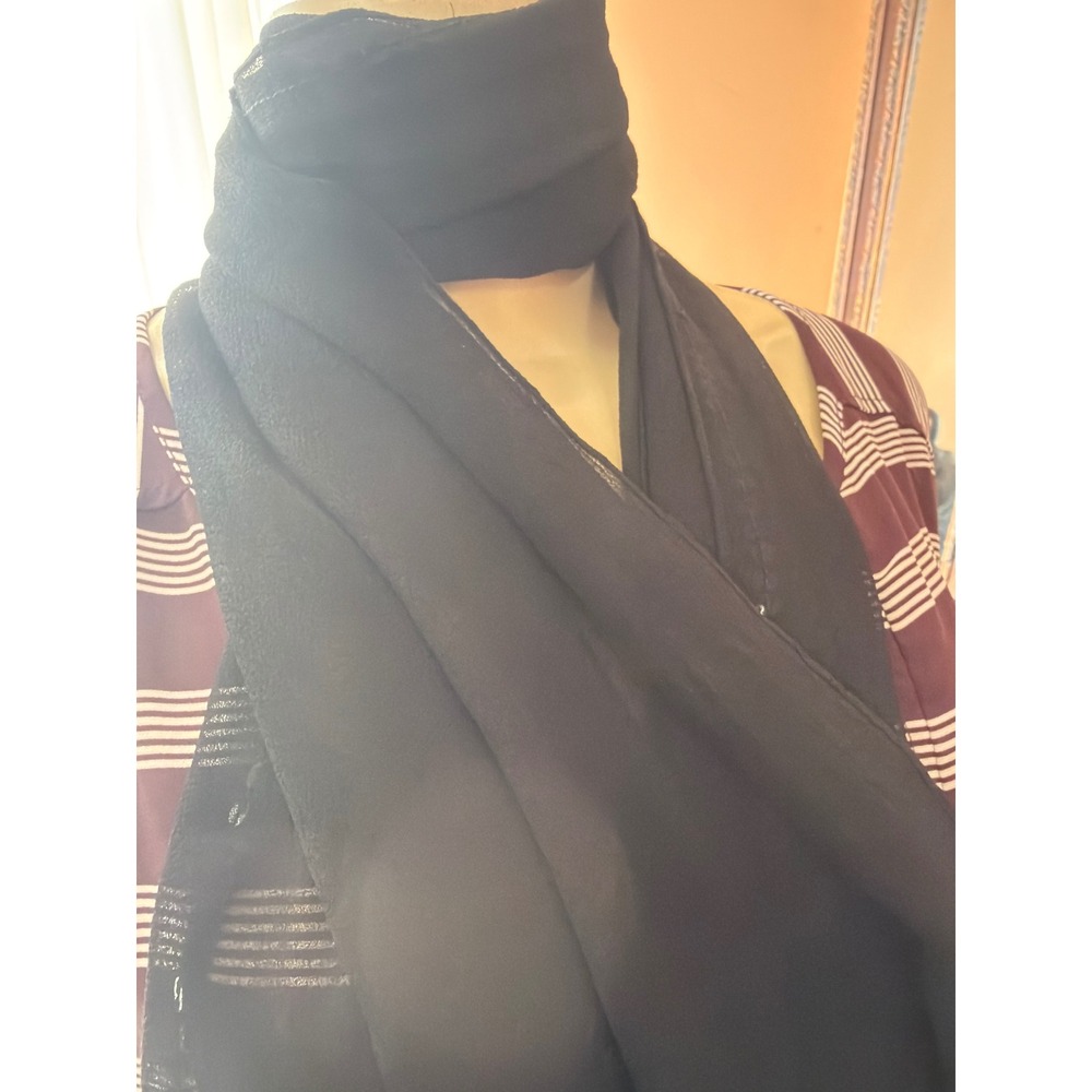 Helen's Black Sheer Scarf Scalloped‎ Embroidered Edge Lightweight Wrap NWT